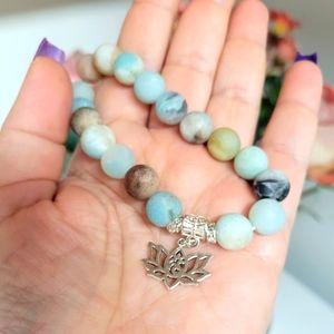 NATURAL 10mm AMAZONITE yogi lotus OR ohm bracelet. Polished or matte stones